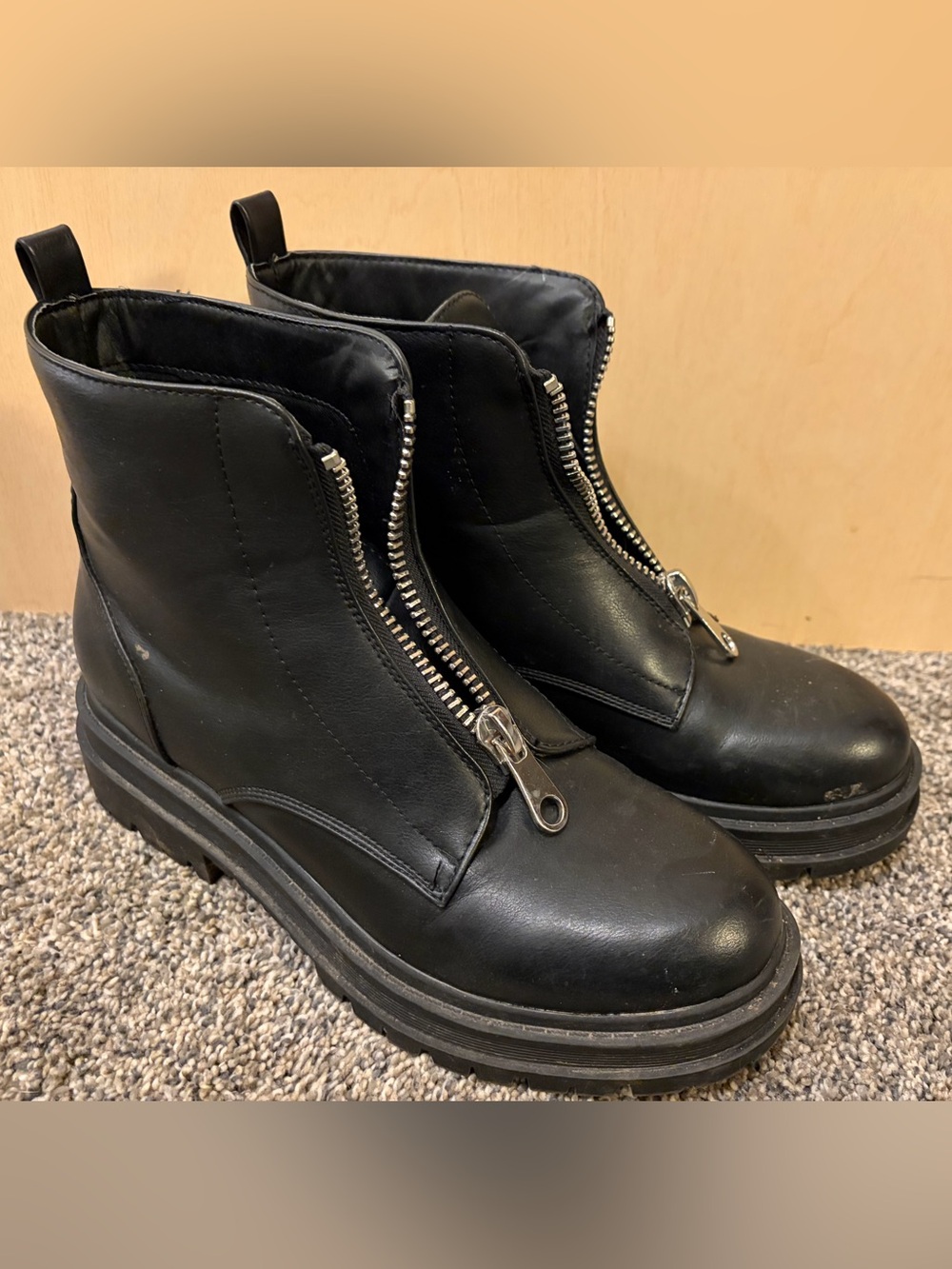 Indigo Black Leather Zip-Front Ankle Boots